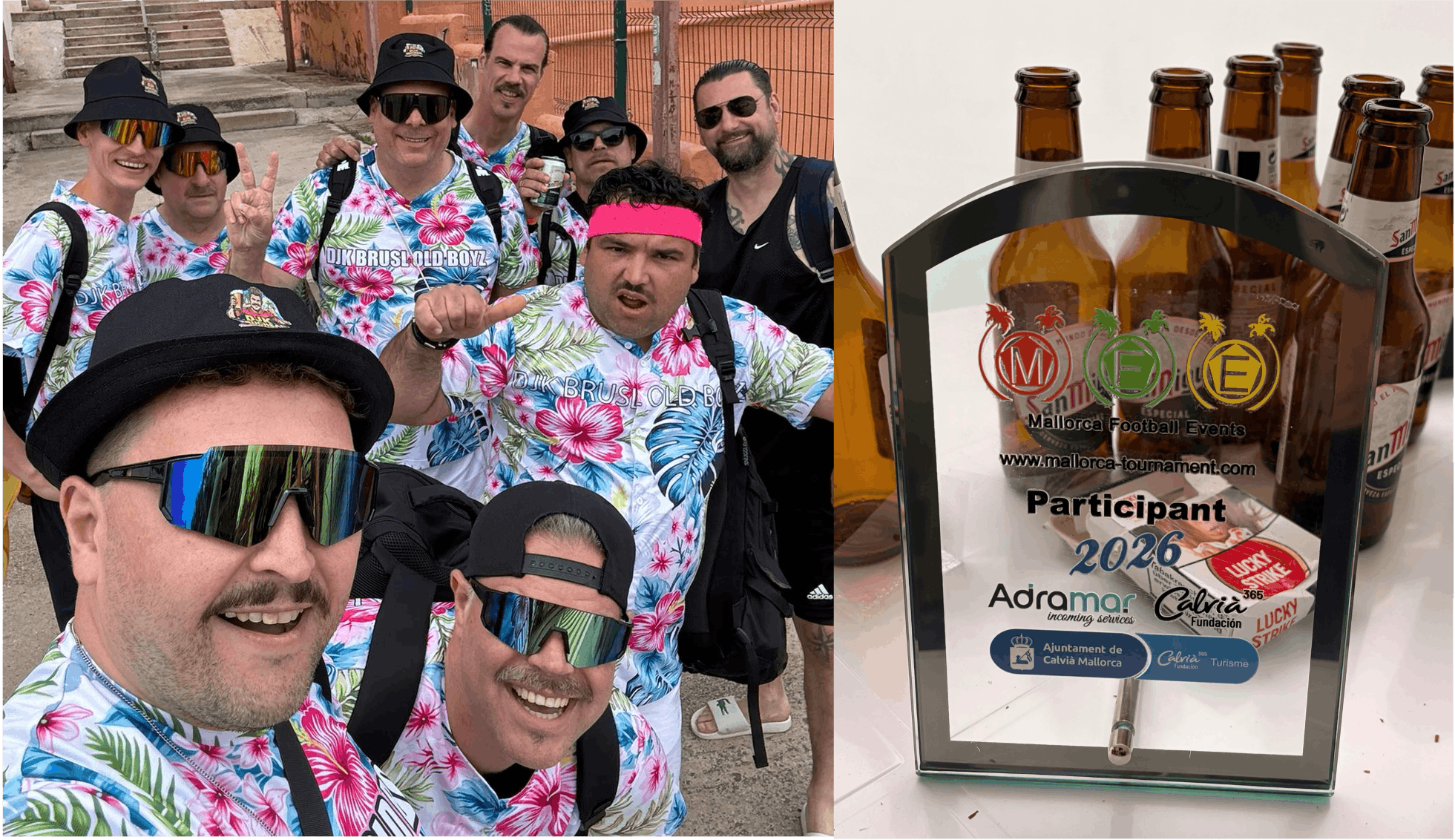 Mitglieder der DJK Bruchsal Old Boyz in ihren typischen Hawaiihemden und Sonnenbrillen beim Gruppen-Selfie auf Mallorca. Daneben ist eine Teilnehmerplakette des Mallorca Football Events (MFE) 2026 zu sehen.